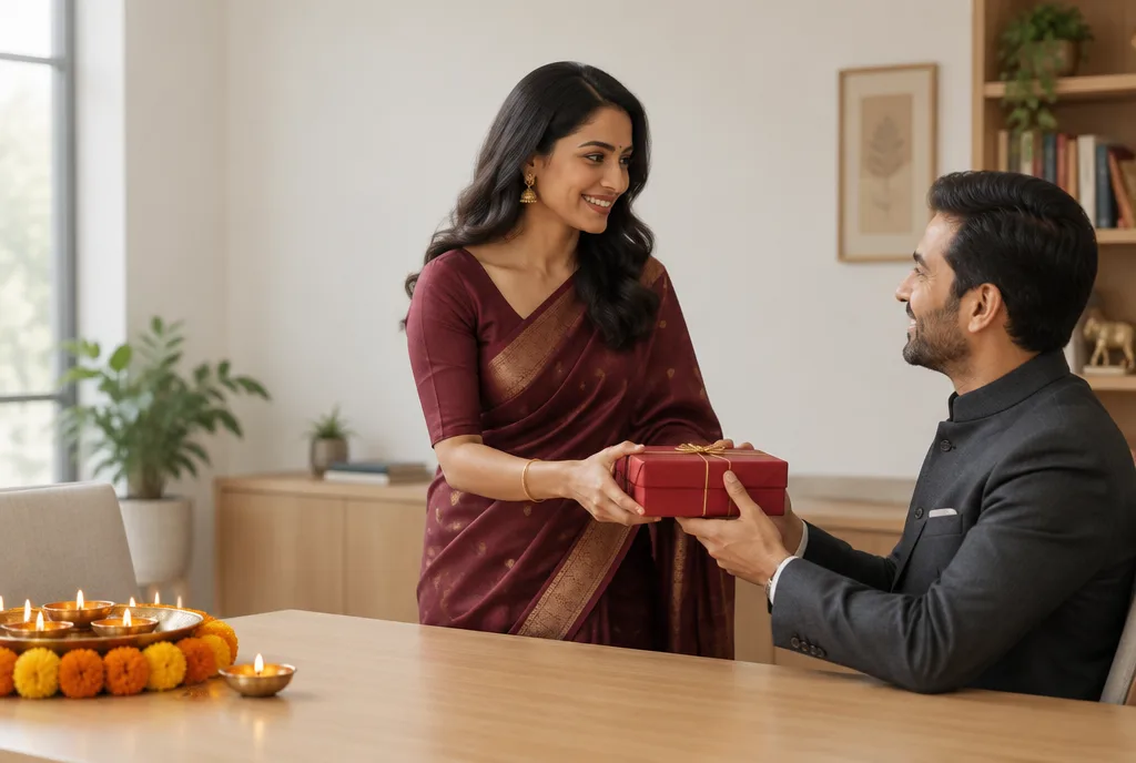 A woman in a maroon silk saree hands a red Diwali gift box to a colleague, with brass diyas and marigolds on the table.