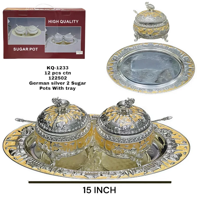 German Silver Peacock 2pcs Candy Pot with Tray Peach