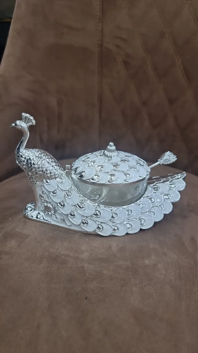 German Silver Peacock Sugar Pot Green