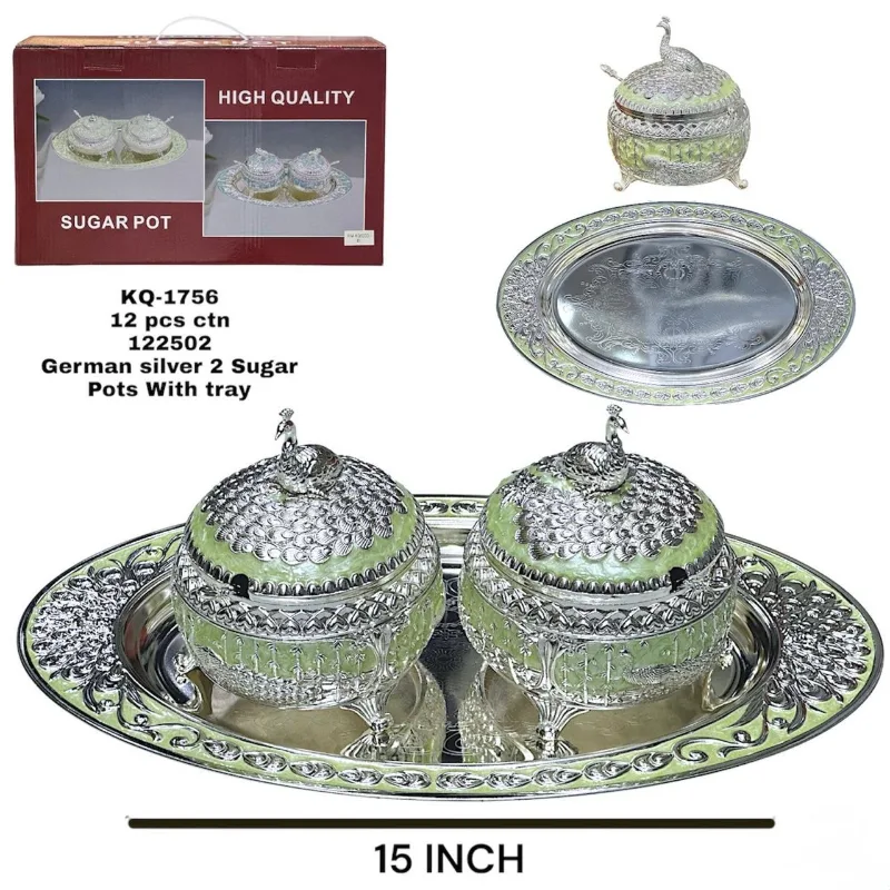 German Silver Peacock 2pcs Candy Pot with Tray Green