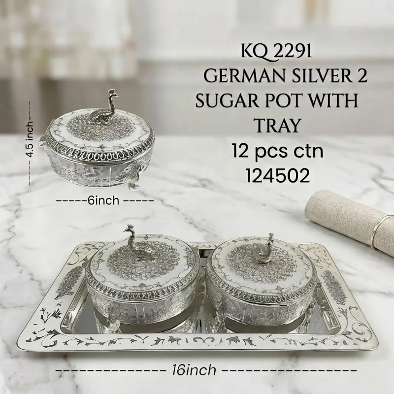German Silver Peacock 2pcs Candy Pot with Tray White